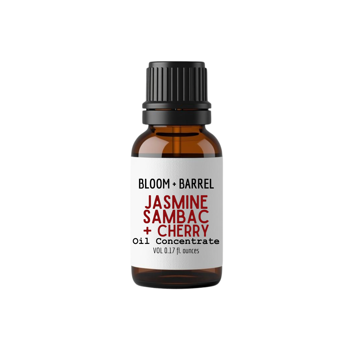 Bottle of Bloom + Barrel Jasmine Sambac Cherry oil concentrate on a white background