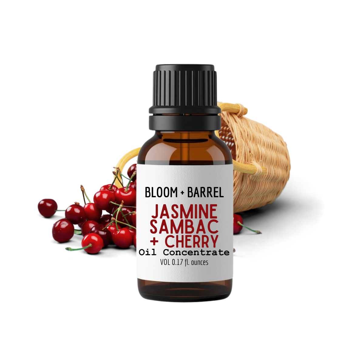 Bottle of Bloom & Barrel Jasmine Sambac Cherry oil concentrate with cherry and wicker basket on white background