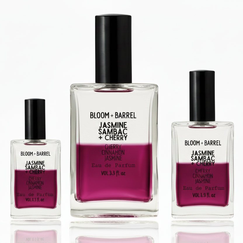 Three bottles of Bloom + Barrel perfume on a white background
