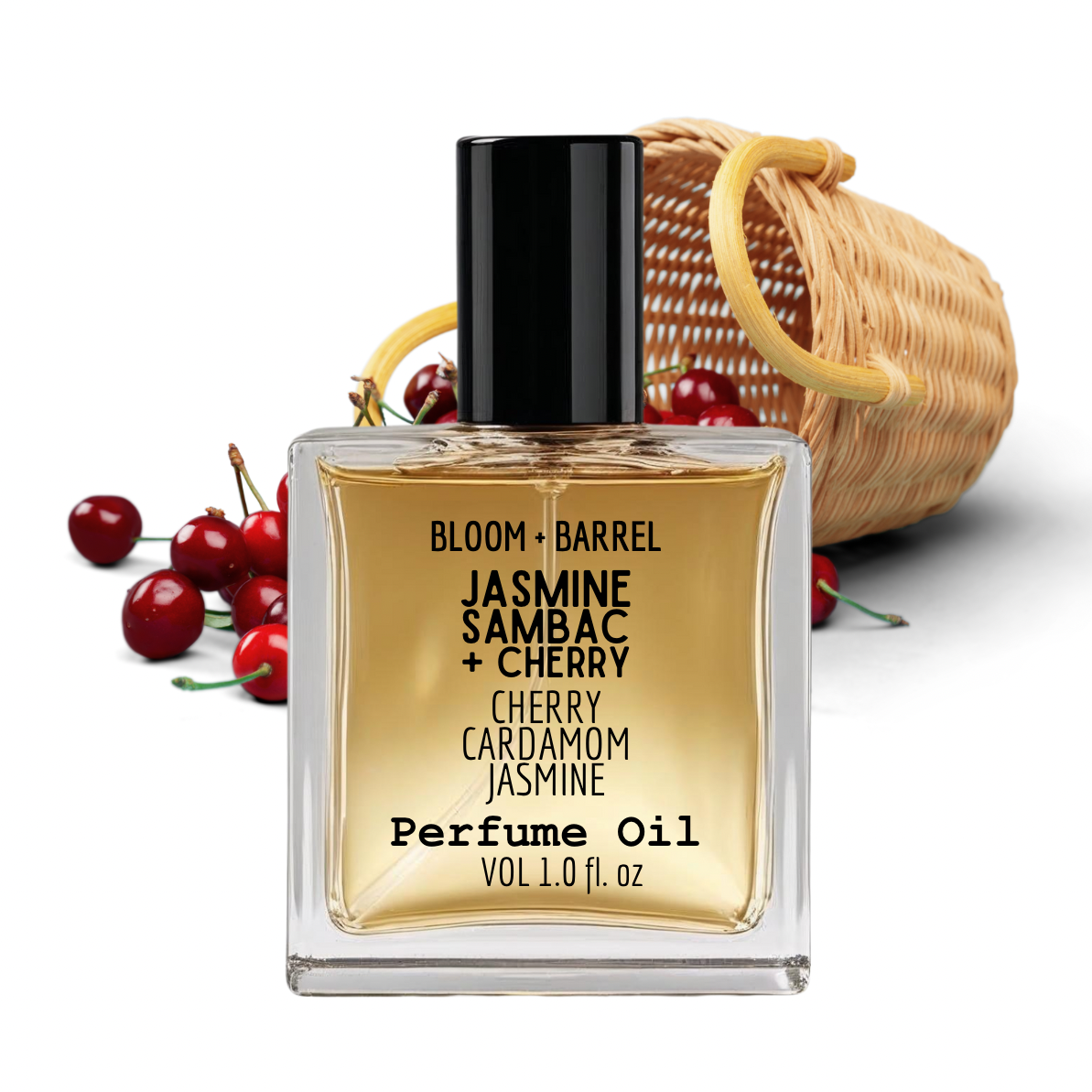 Perfume oil bottle with cherry and cardamom elements on a white background