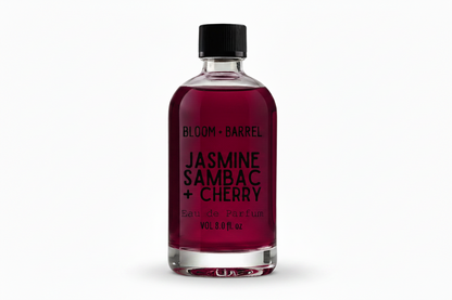 Bottle of Bloom + Barrel Jasmine Sambac + Cherry Eau de Parfum on a white background
