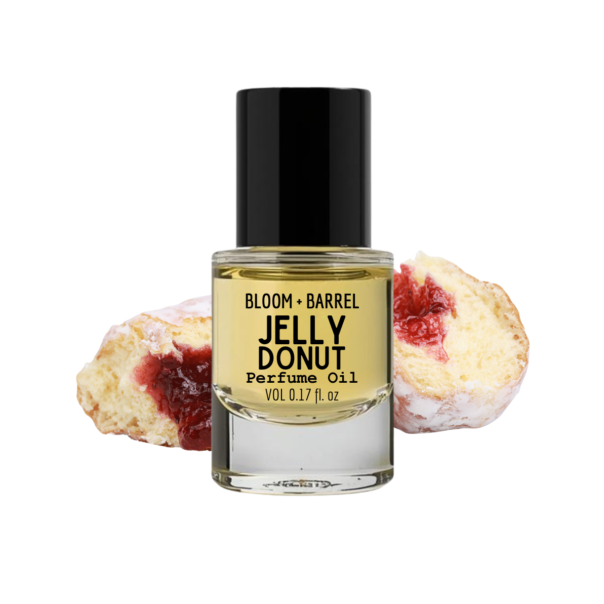 Bottle of Jelly Donut perfume oil with jelly donuts on a white background