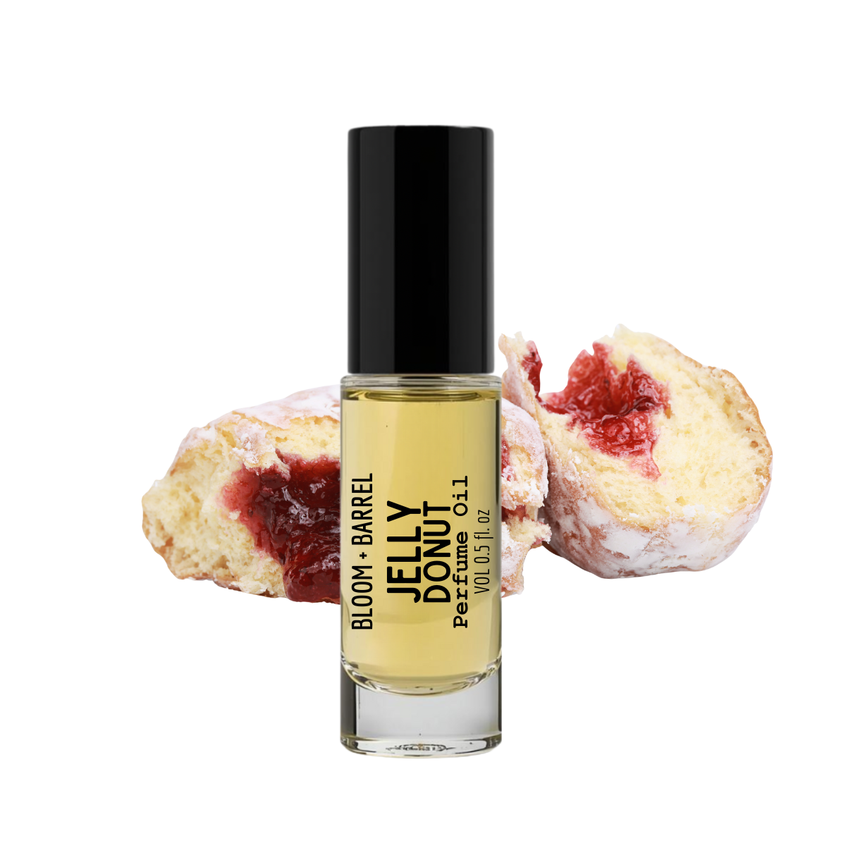 Perfume bottle labeled 'Jelly Donut' with a jelly donut on a white background