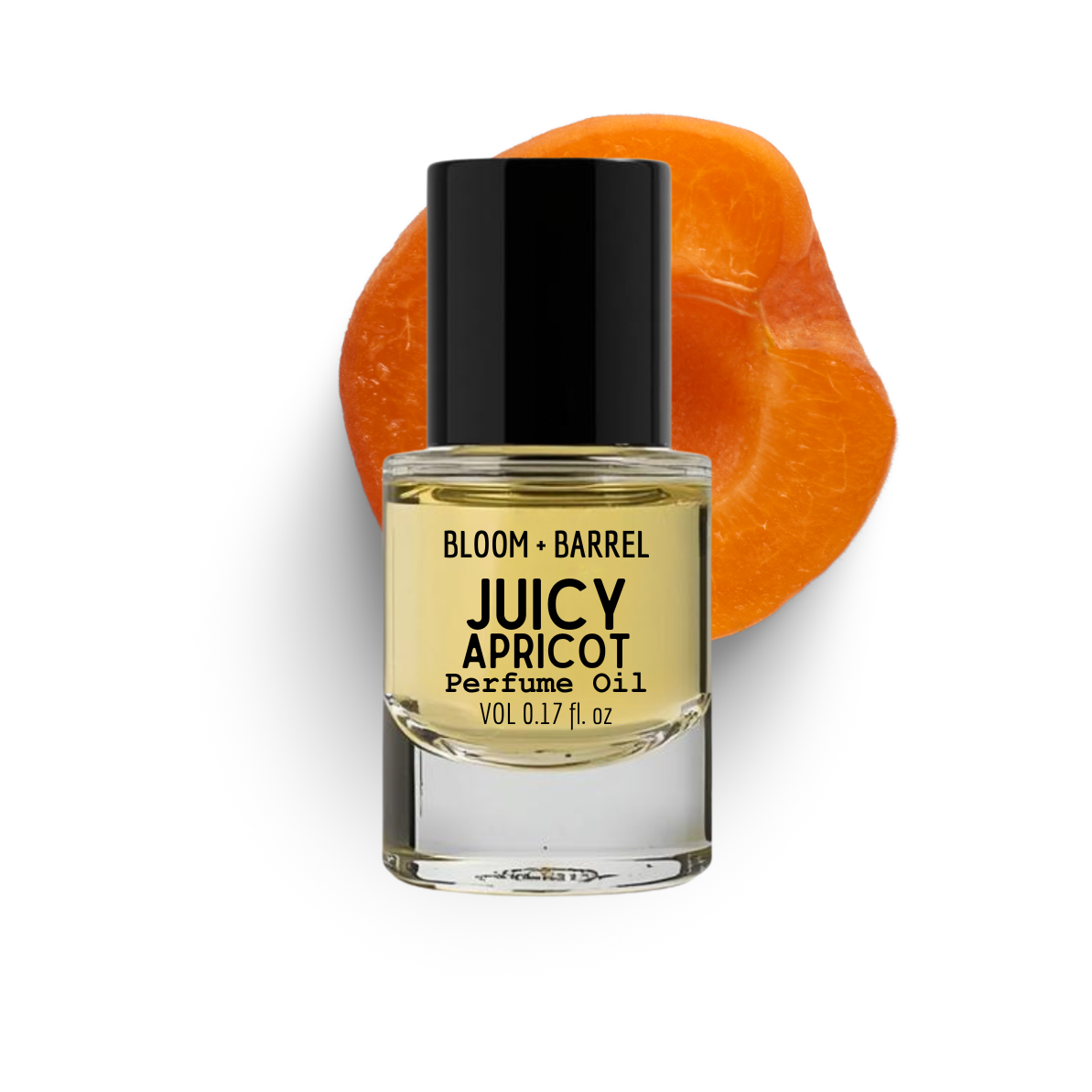 Bottle of Juicy Apricot perfume oil with an orange background