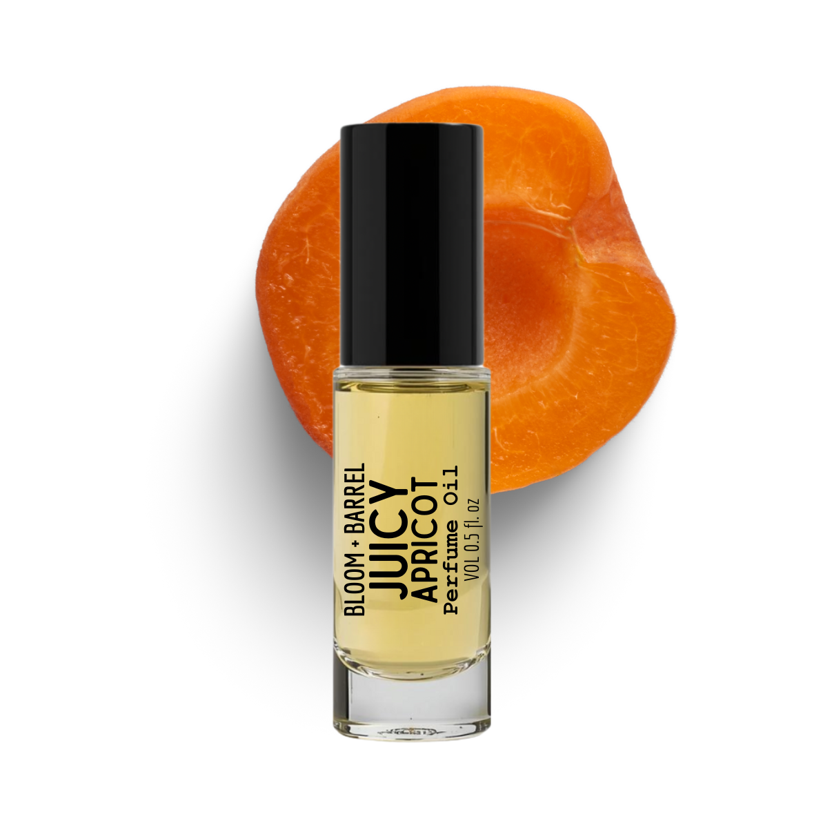 Perfume bottle labeled 'Juicy Apricot' with an orange background