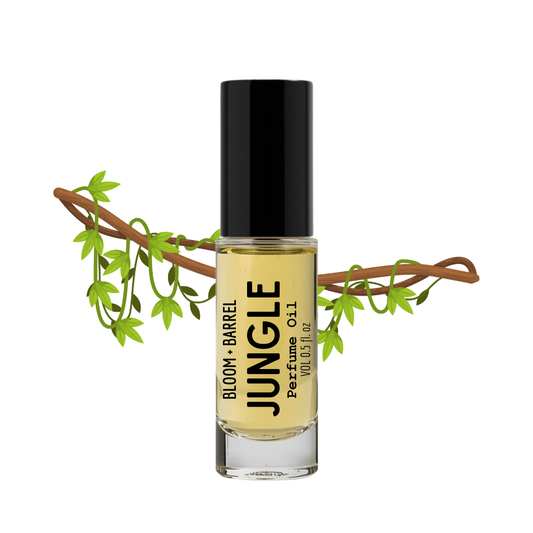Perfume bottle labeled 'Jungle' with a branch and leaves on a white background