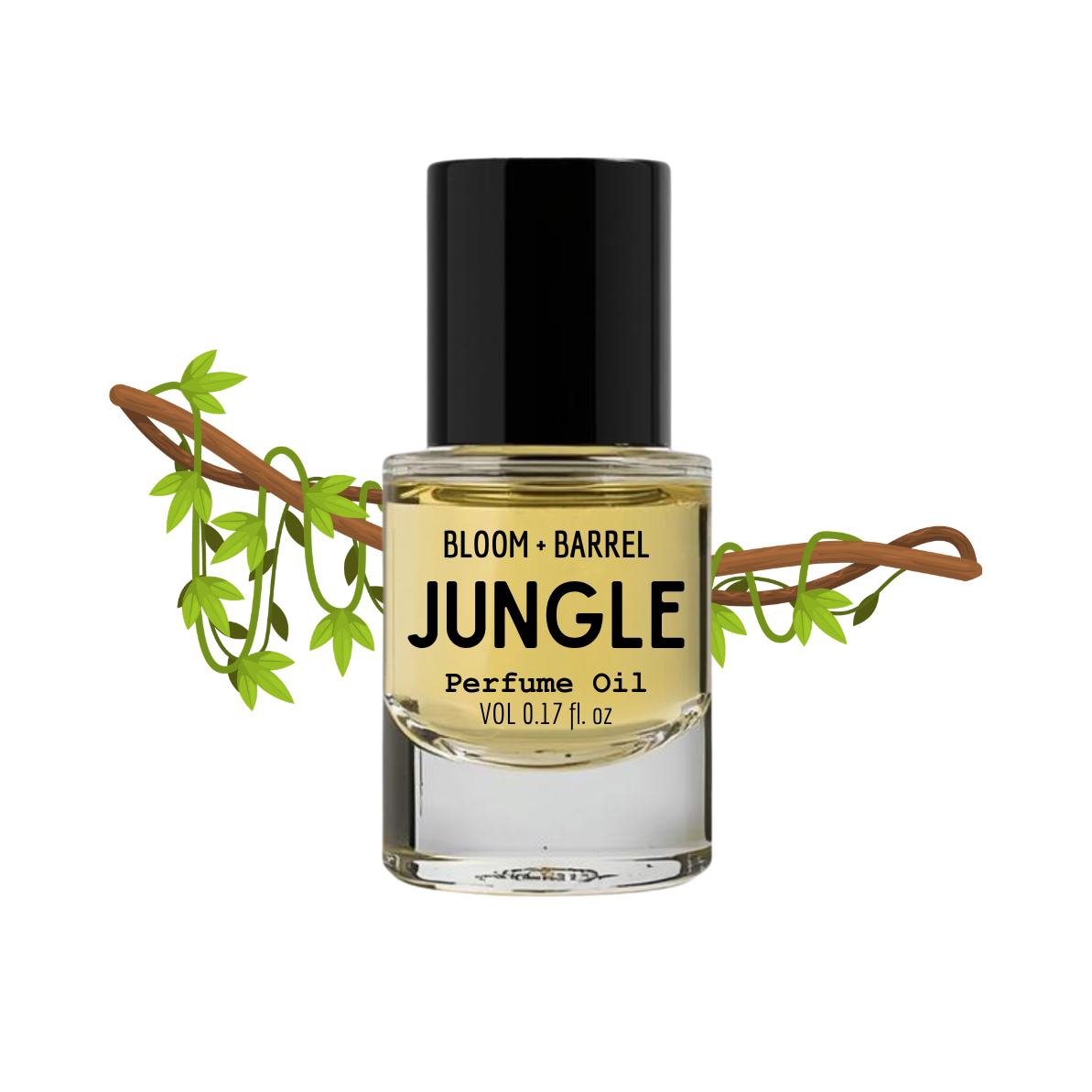 Perfume oil bottle labeled 'Jungle' by Bloom & Barrel with a branch and leaves on a white background