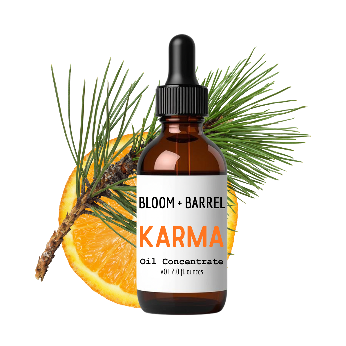 Bottle of Bloom & Barrel Karma oil concentrate with an orange and pine branch on a white background