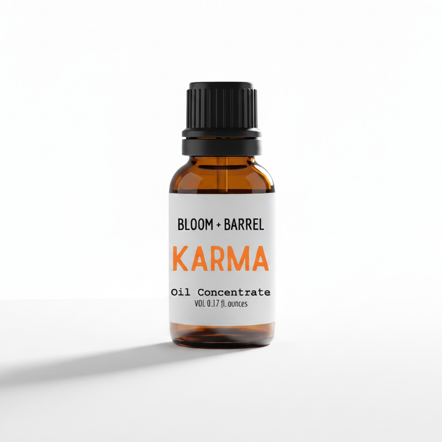 Bottle of Bloom & Barrel Karma oil concentrate on a white background