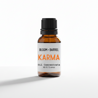 Bottle of Bloom & Barrel Karma oil concentrate on a white background