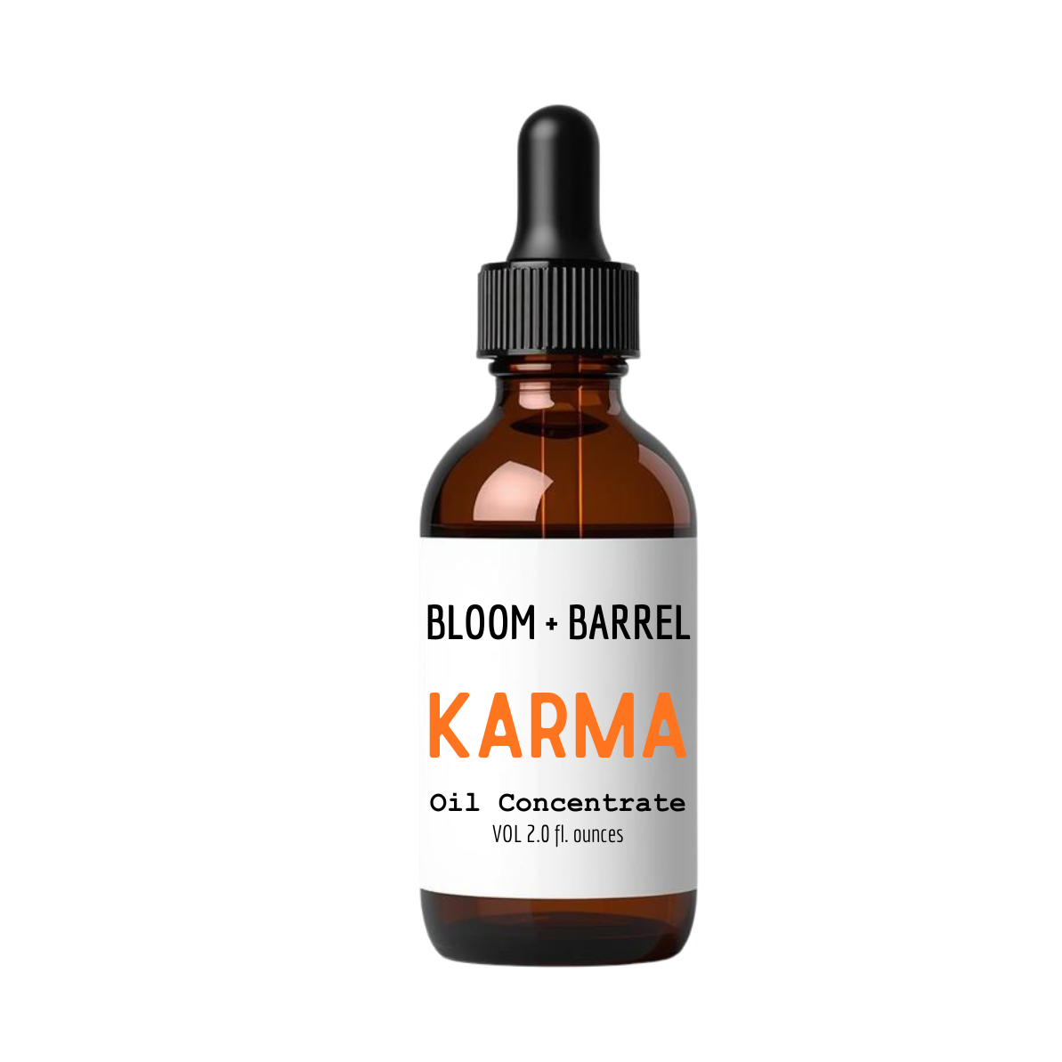 Bottle of Bloom + Barrel Karma Oil Concentrate on a white background