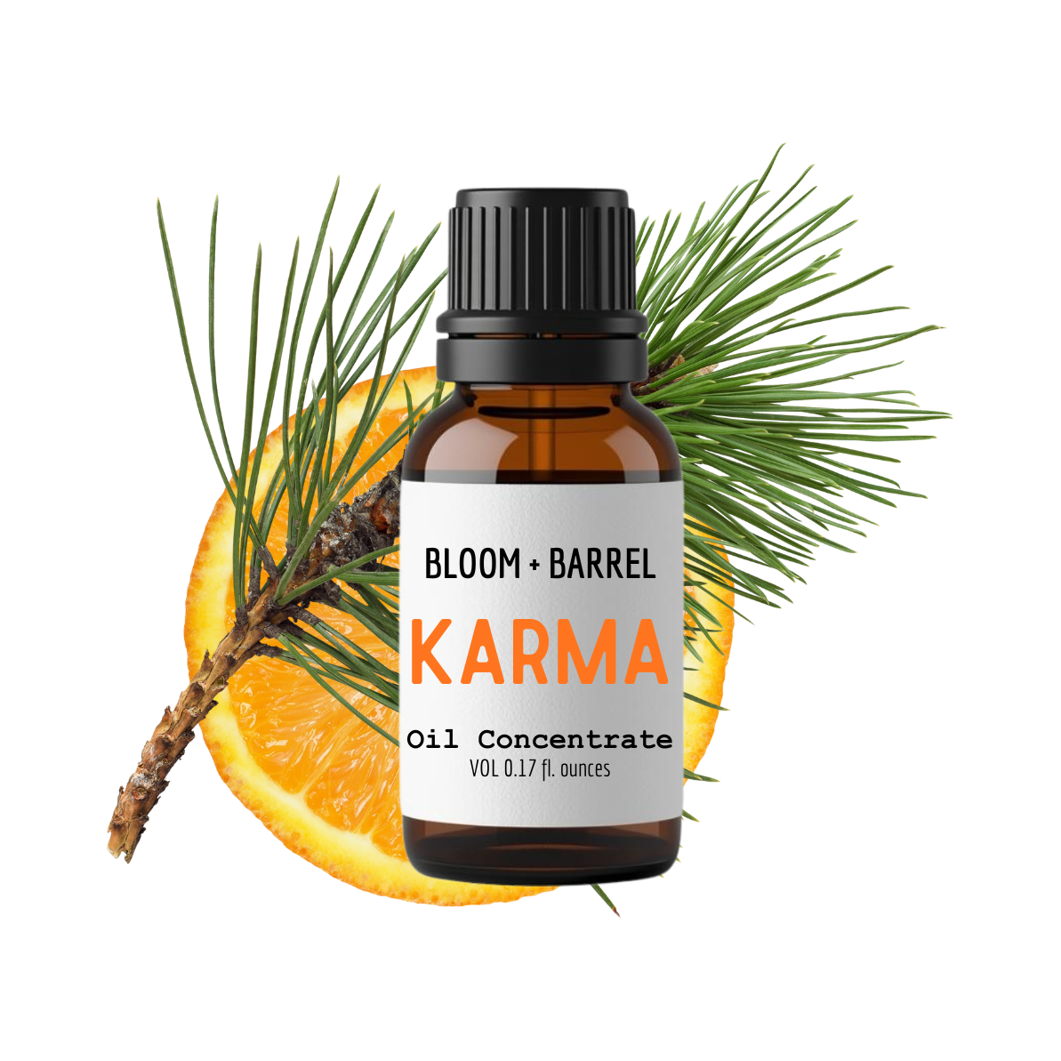 Bottle of Bloom & Barrel Karma oil concentrate with an orange and pine branch on a white background
