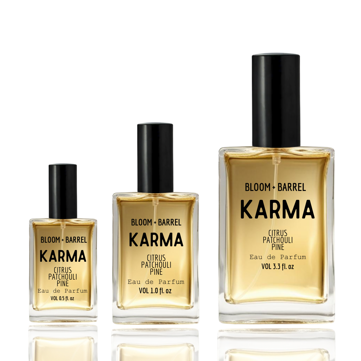 Three bottles of Bloom & Barrel Karma perfume on a white background
