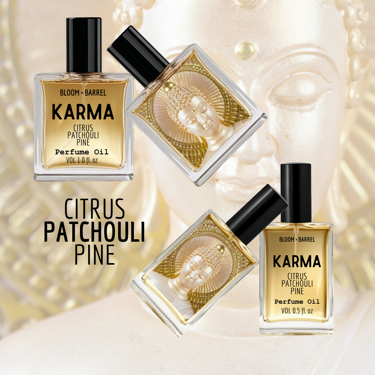 Perfume bottles labeled 'Karma' with a Buddha statue in the background