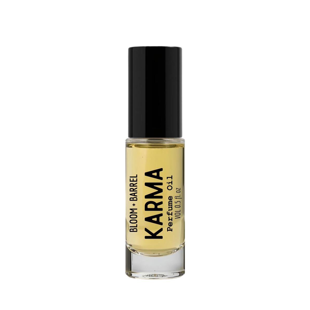Perfume bottle labeled 'Karma' by 'Bloom & Barrel' on a white background