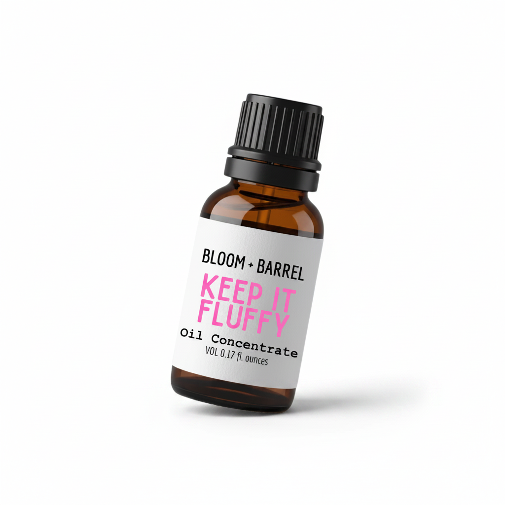 Bottle of Bloom & Barrel 'Keep It Fluffy' oil concentrate on a white background