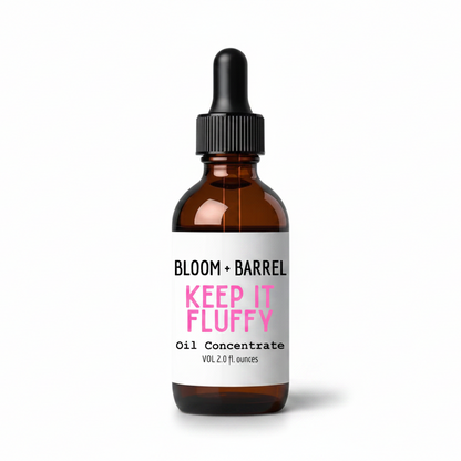 Bottle of Bloom + Barrel 'Keep It Fluffy' oil concentrate on a white background