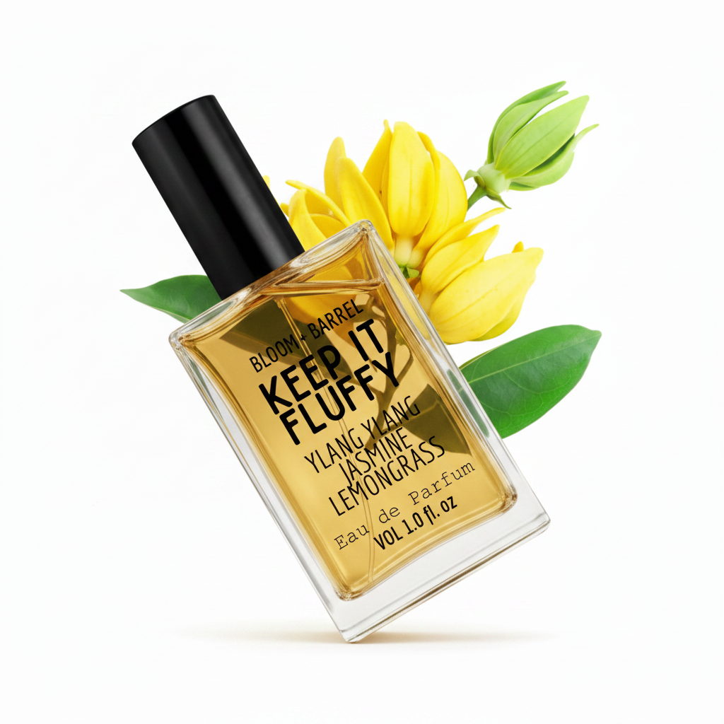 Perfume bottle labeled 'Keep It Fluffy' with yellow flowers and green leaves on a white background