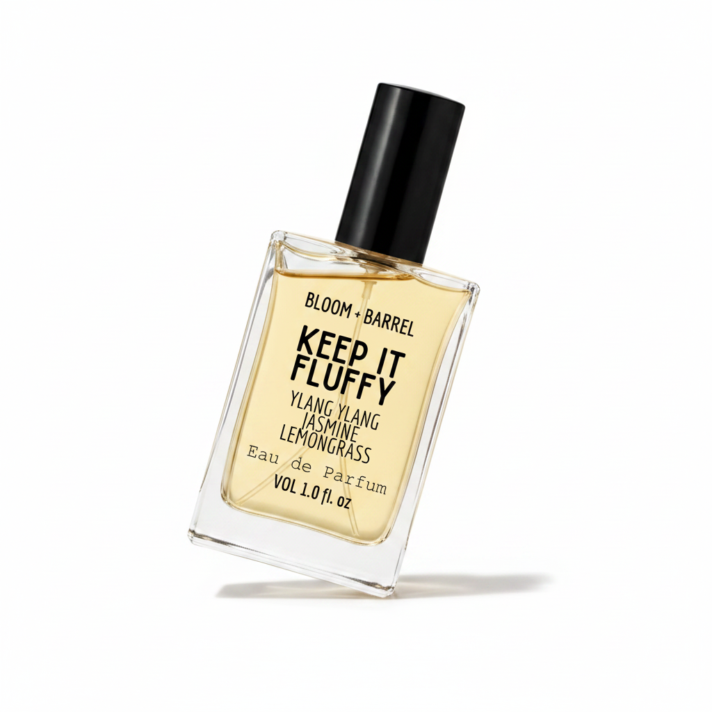 Perfume bottle labeled 'Keep It Fluffy' by Bloom & Barrel on a white background