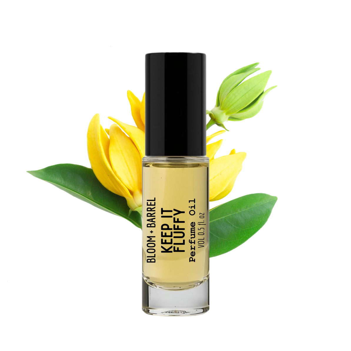 Perfume bottle labeled 'Keep It Fluffy' with yellow flowers and green leaves on a white background