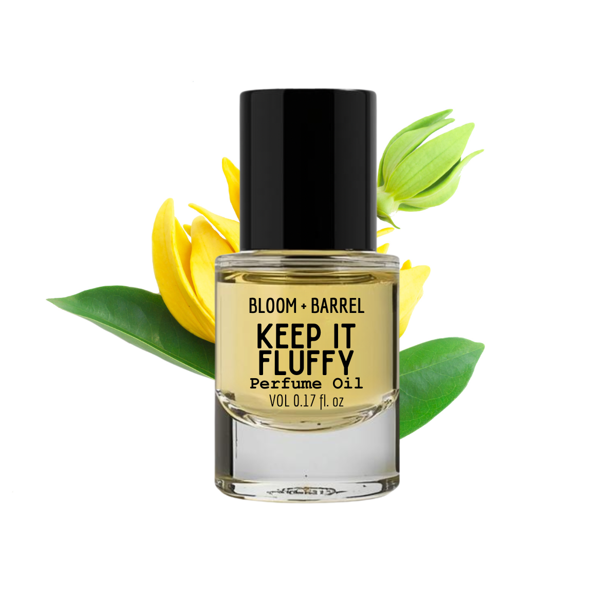 Perfume oil bottle labeled 'Keep It Fluffy' with a yellow flower and green leaves on a white background