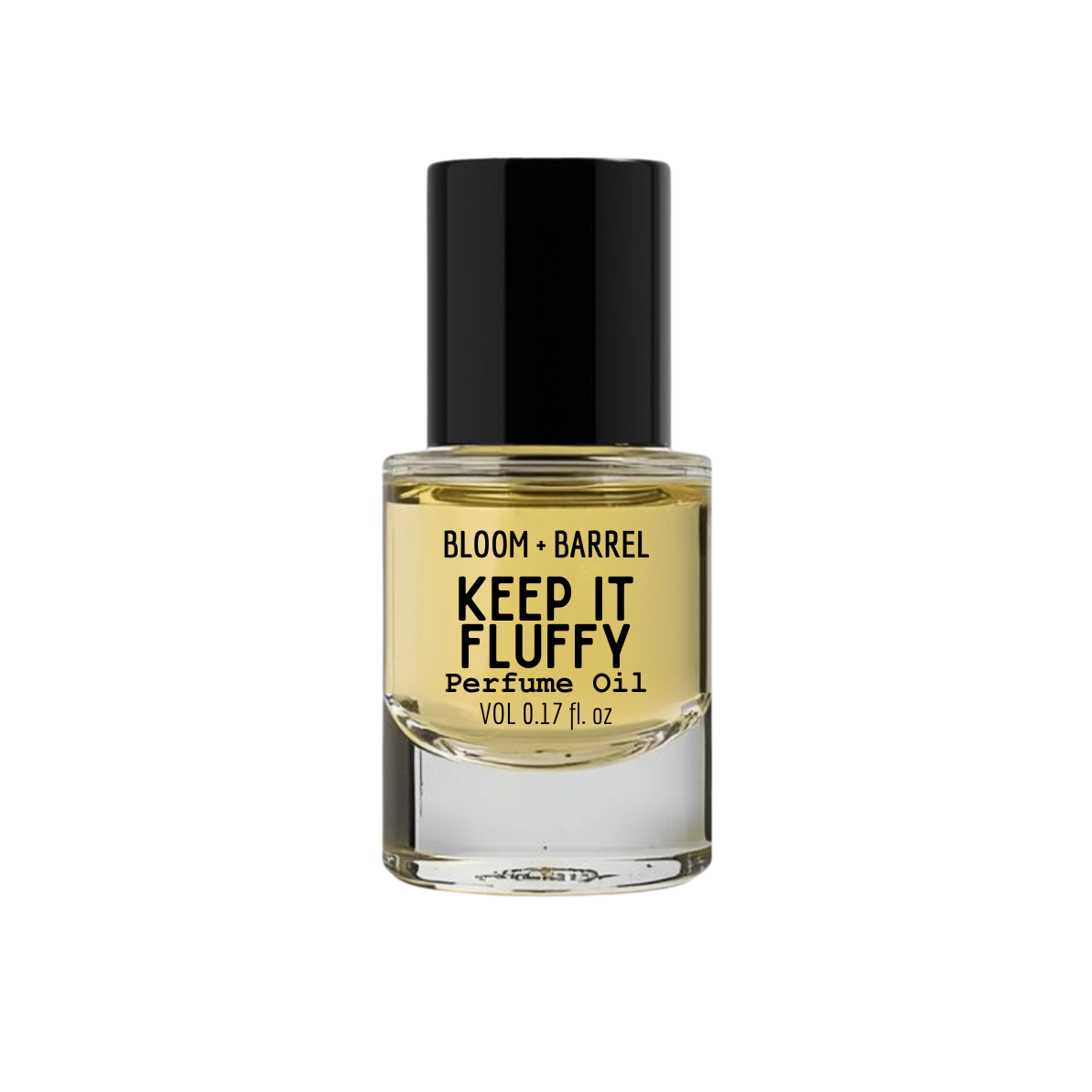 Perfume oil bottle labeled 'Keep It Fluffy' by Bloom & Barrel on a white background