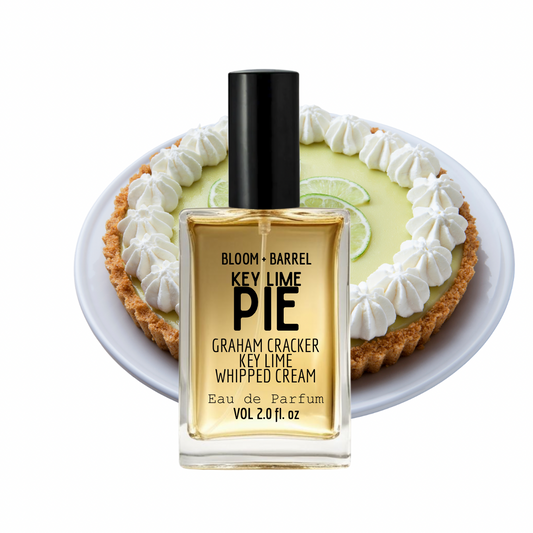 Perfume bottle labeled 'Key Lime Pie' with a key lime pie on a white background