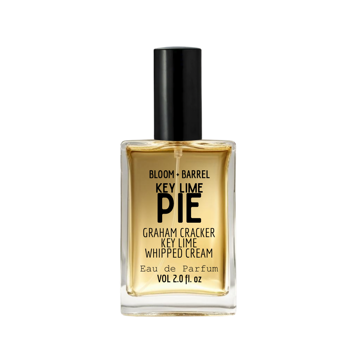 Perfume bottle labeled 'Key Lime Pie' by Bloom & Barrel on a white background