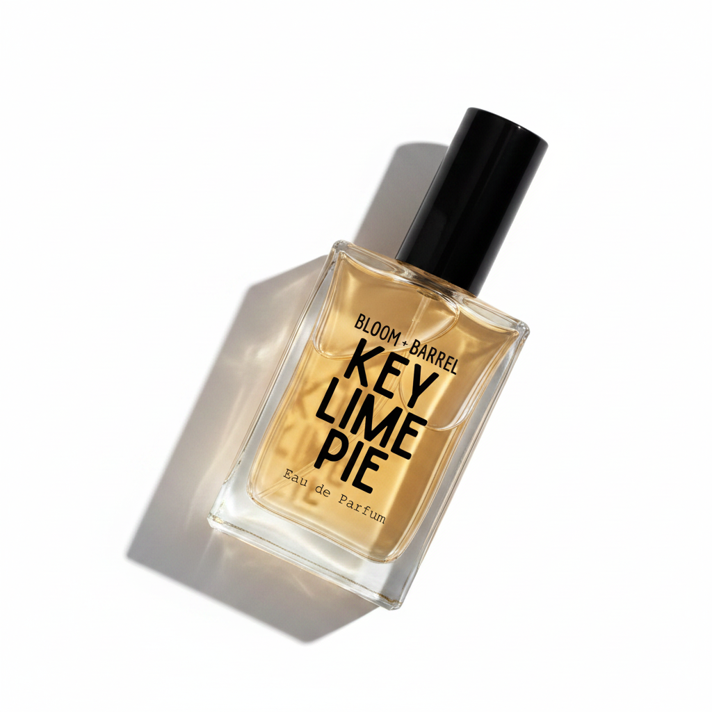 Bloom + Barrel Key Lime Pie Eau de Parfum in a rectangular clear glass bottle with a black cap, filled with golden-yellow fragrance liquid, on a plain white background.