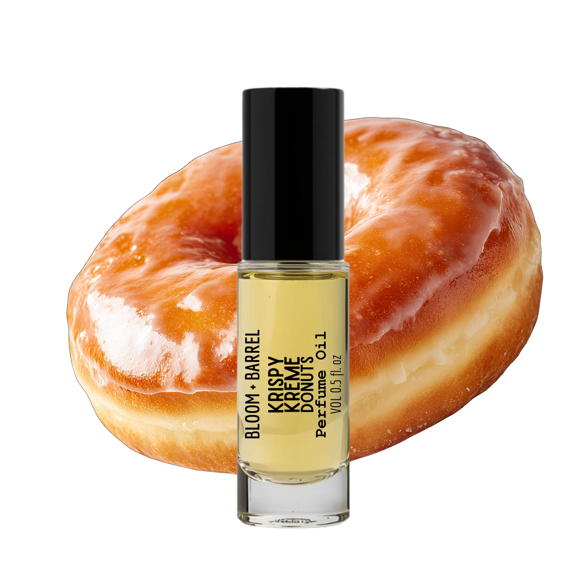 Perfume bottle labeled 'Bloom & Barrel Krispy Kreme Donut' with a donut in the background