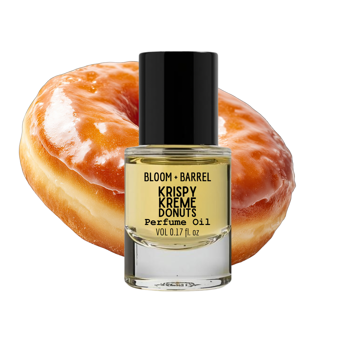 Perfume oil bottle labeled 'Krispy Kreme Donuts' with a donut in the background