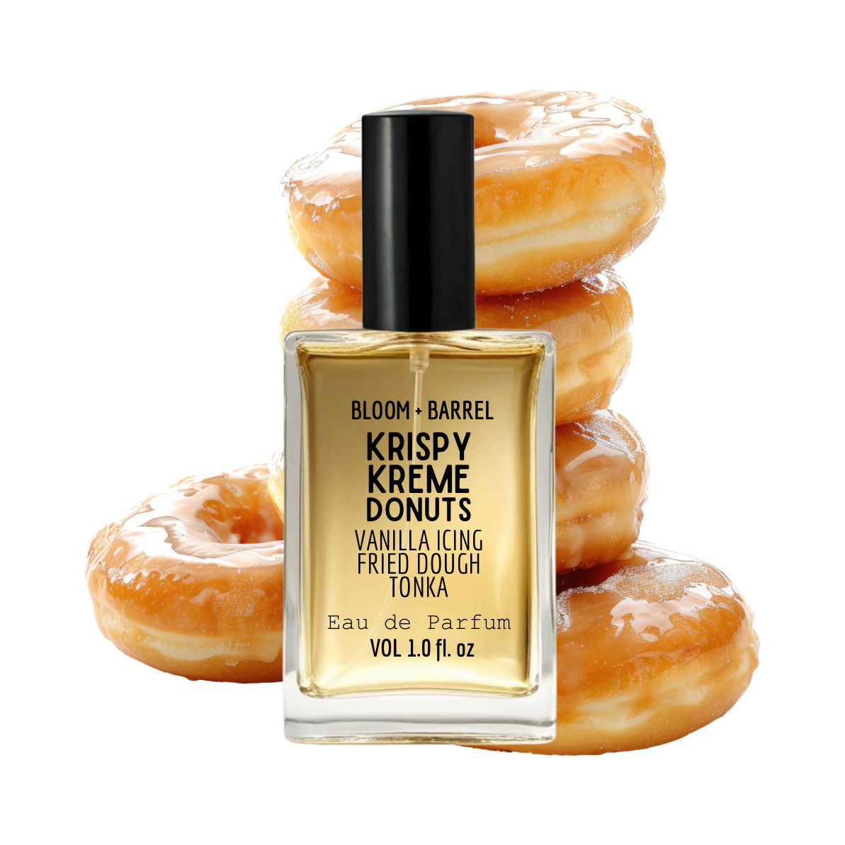 Perfume bottle labeled 'Krispy Kreme Donuts' with donuts on a white background
