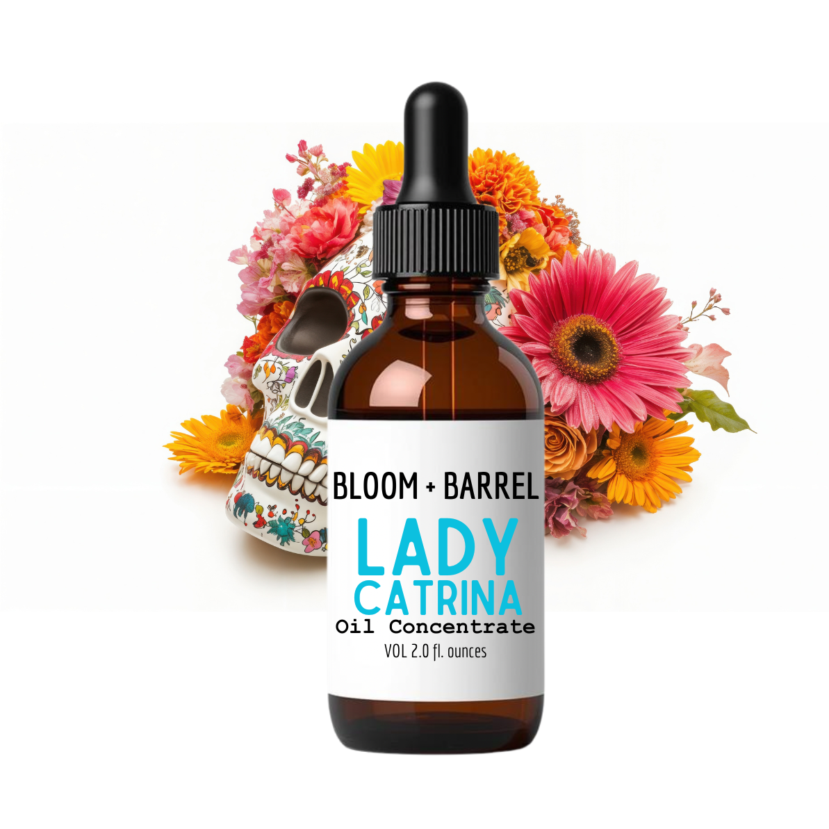 Bottle of 'Lady Catrina' oil concentrate with a colorful skull and flowers on a white background