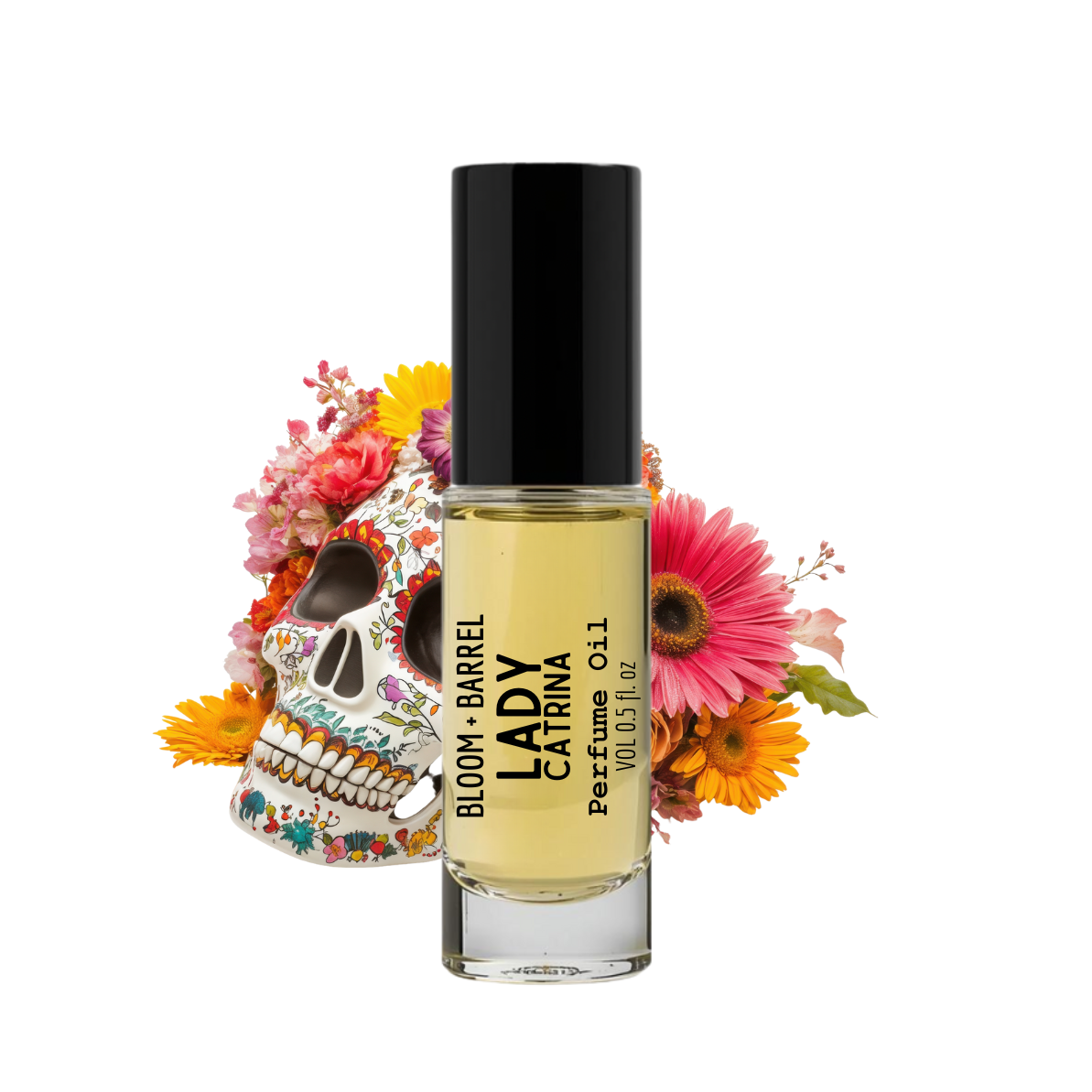 Perfume bottle with colorful skull design and flowers on a white background