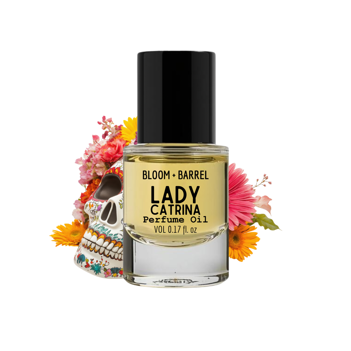 Perfume oil bottle labeled 'Lady Catrina' with decorative skull and flowers on a white background