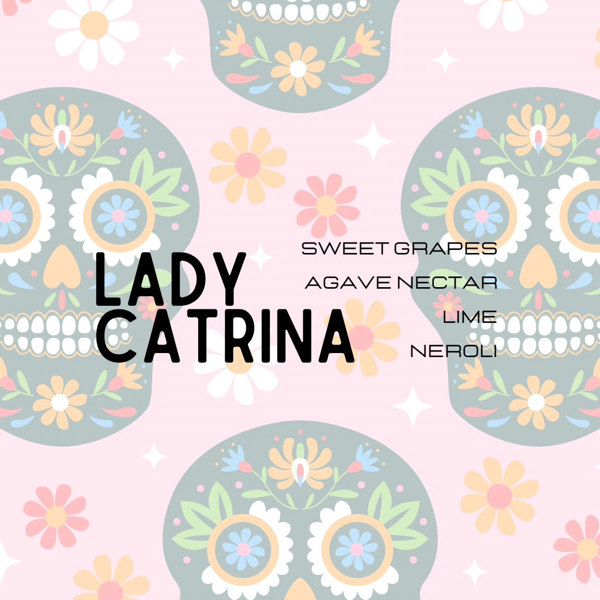 Decorative design with floral patterns and text on a pink background