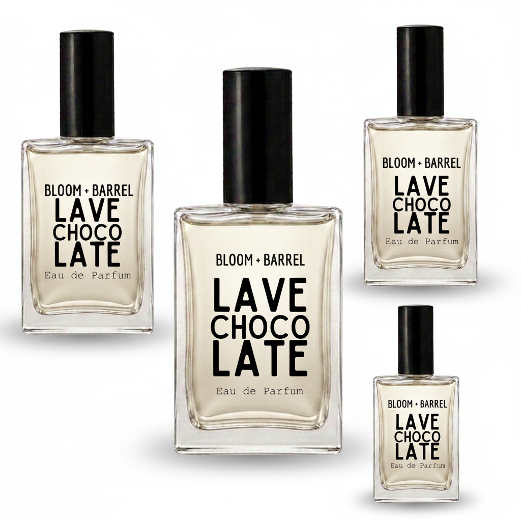 Four glass perfume bottles of BLOOM + BARREL Choco Late Lave Eau de Parfum with black caps, arranged on a plain white background.