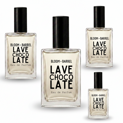 Four glass perfume bottles of BLOOM + BARREL Choco Late Lave Eau de Parfum with black caps, arranged on a plain white background.