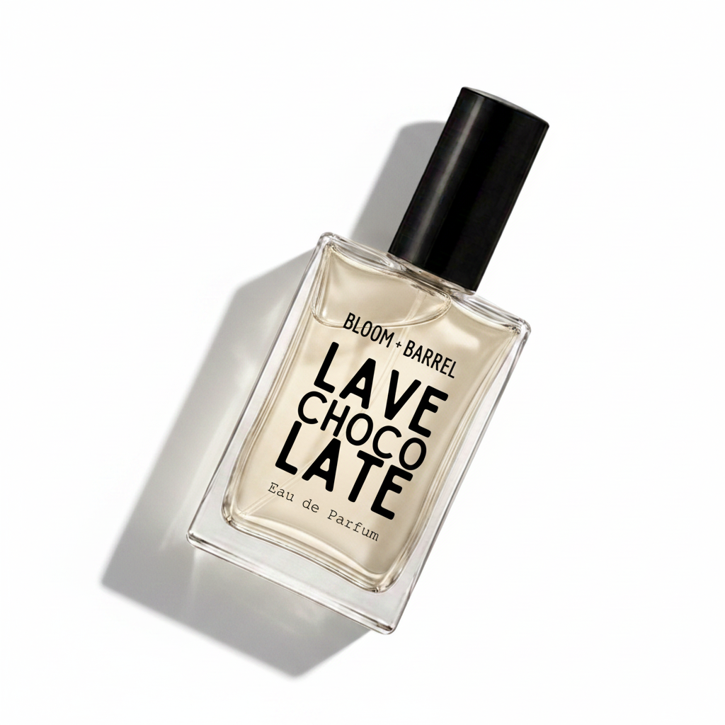 Bloom Barrel Lavé Choclate Eau de Parfum in a clear rectangular glass bottle with a black cap, on a plain white background.