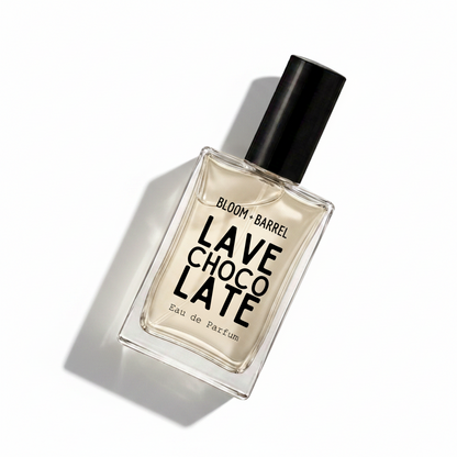 Bloom Barrel Lavé Choclate Eau de Parfum in a clear rectangular glass bottle with a black cap, on a plain white background.