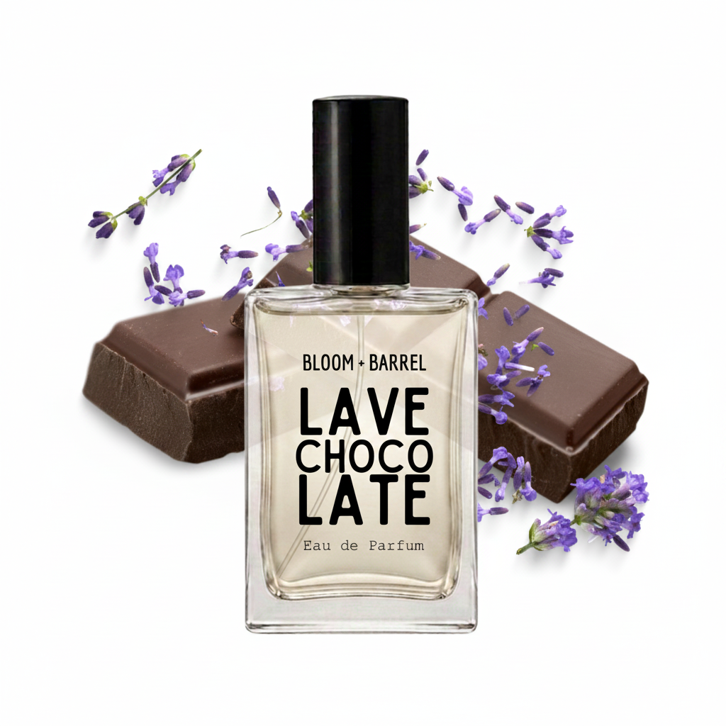 A clear glass perfume bottle labeled 'BLOOM • BARREL CHOCO LATE LAVE Eau de Parfum' with a black cap, centered on a white background and styled with chocolate bars and purple lavender sprigs.