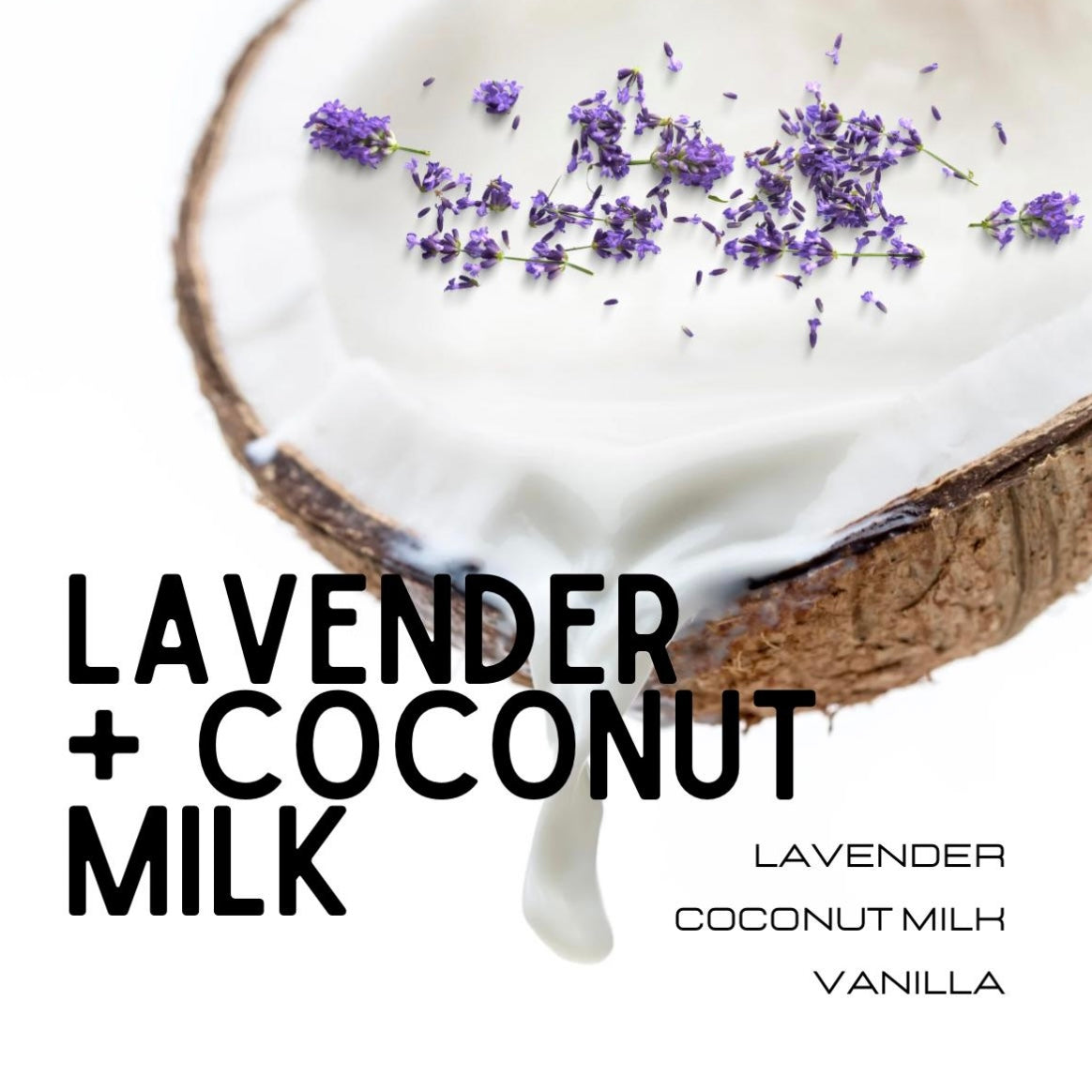Coconut shell with lavender and coconut milk, labeled 'Lavender + Coconut Milk' on a white background.