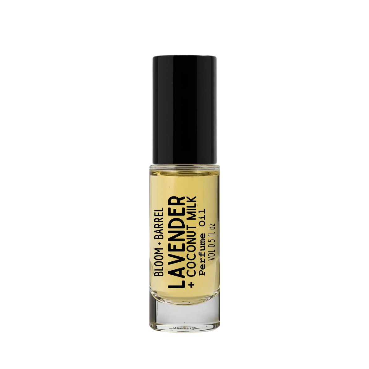Perfume bottle labeled 'Lavender + Coconut Milk' by Bloom & Barrel on a white background