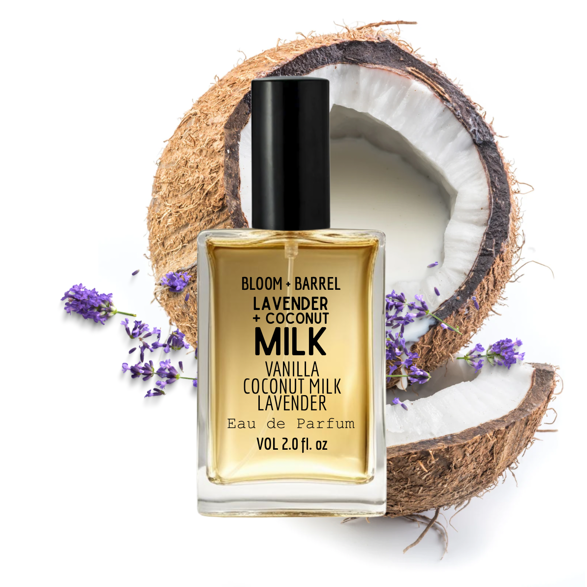 Perfume bottle labeled 'Vanilla Coconut Milk Lavender' with a coconut and lavender flowers on a white background