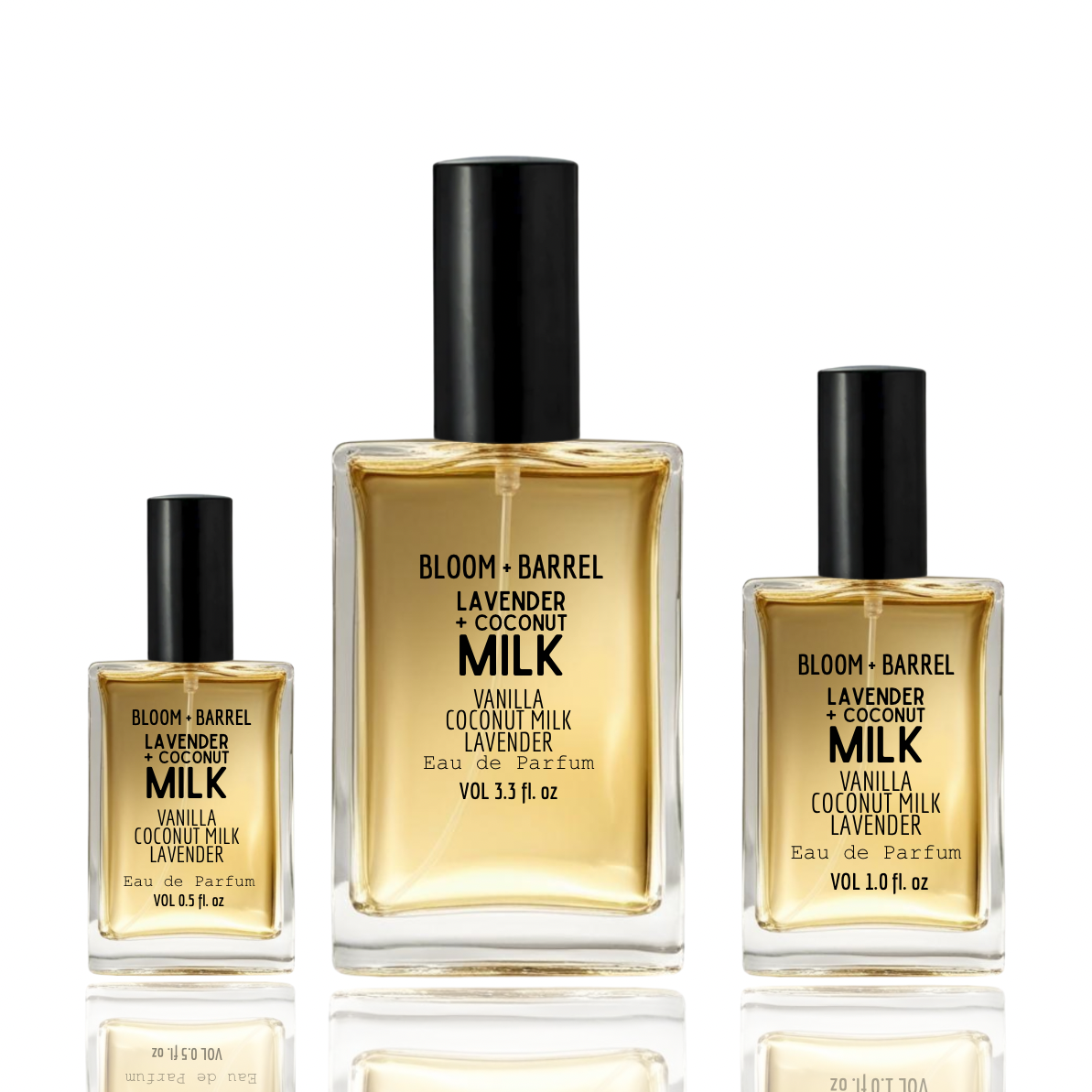 Three bottles of Bloom + Barrel Lavender Coconut Milk Vanilla perfume on a white background