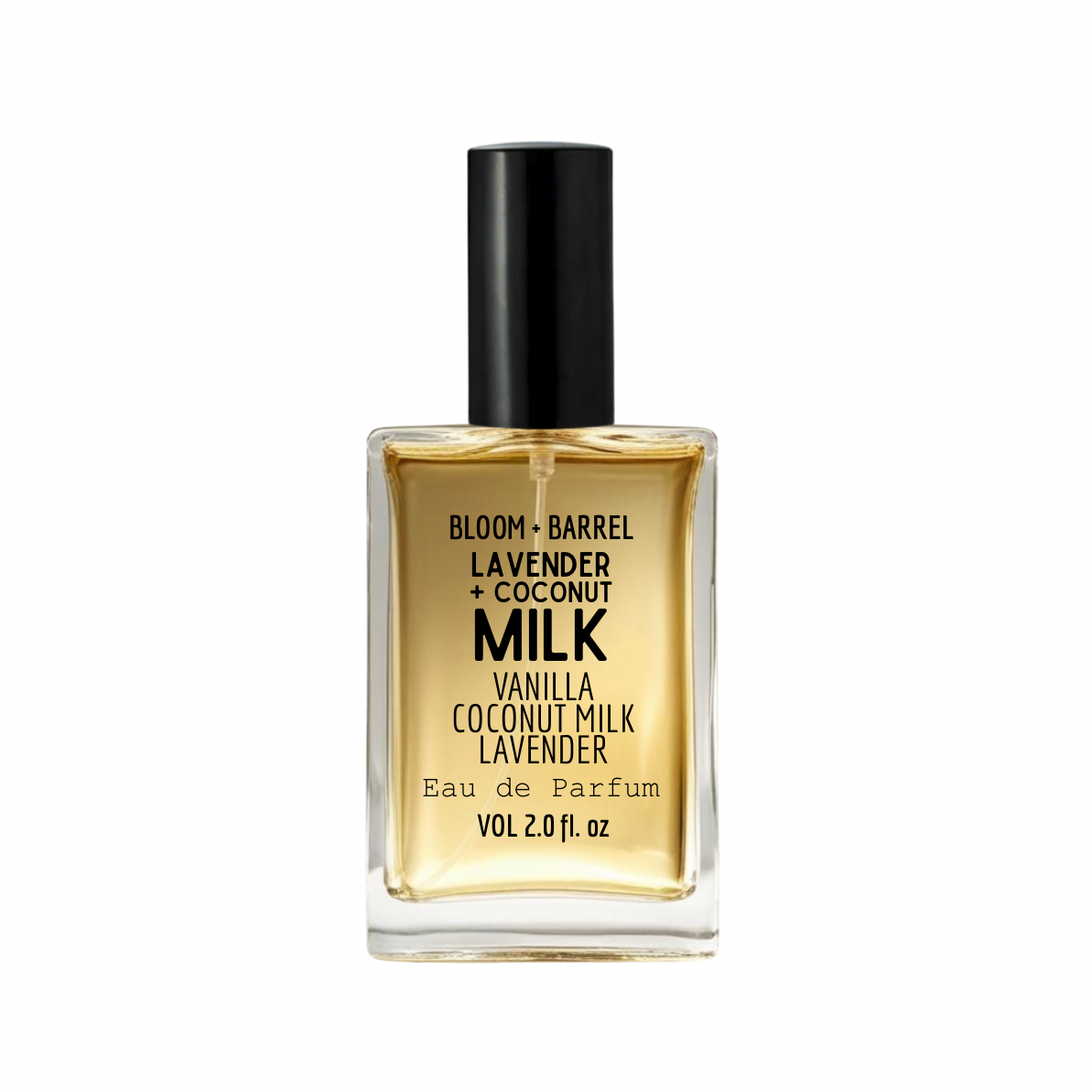 Perfume bottle labeled 'Lavender + Coconut Milk' by Bloom & Barrel on a white background