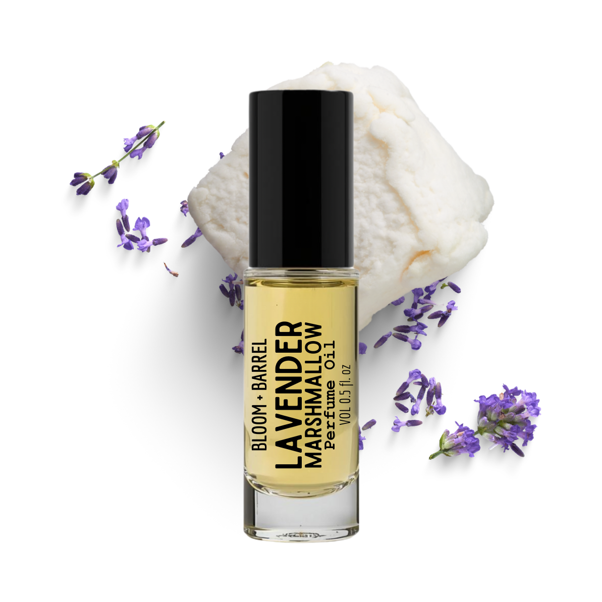 Bottle of Lavender Barrel Marshmallow perfume with lavender flowers on a white background