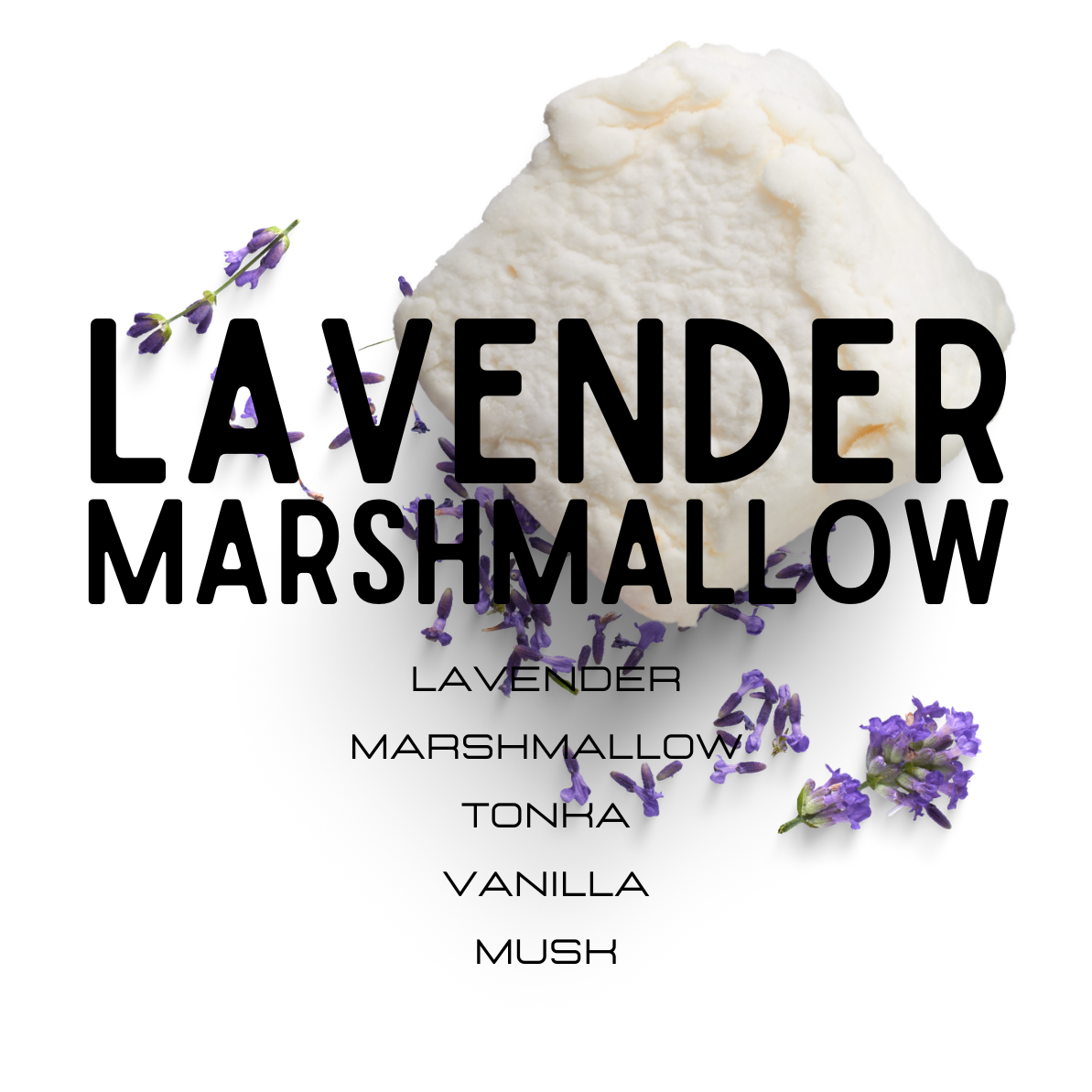 Lavender marshmallow with lavender flowers on a white background