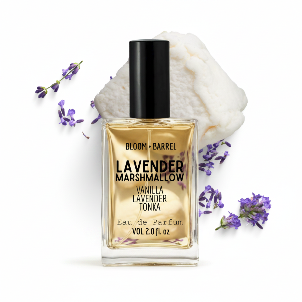 Perfume bottle labeled 'Lavender Marshmallow' by Bloom & Barrel with lavender flowers on a white background