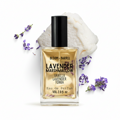 Perfume bottle labeled 'Lavender Marshmallow' by Bloom & Barrel with lavender flowers on a white background